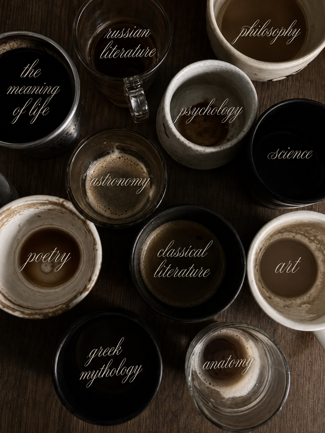 Coffee cups labeled with conversation topics in cursive